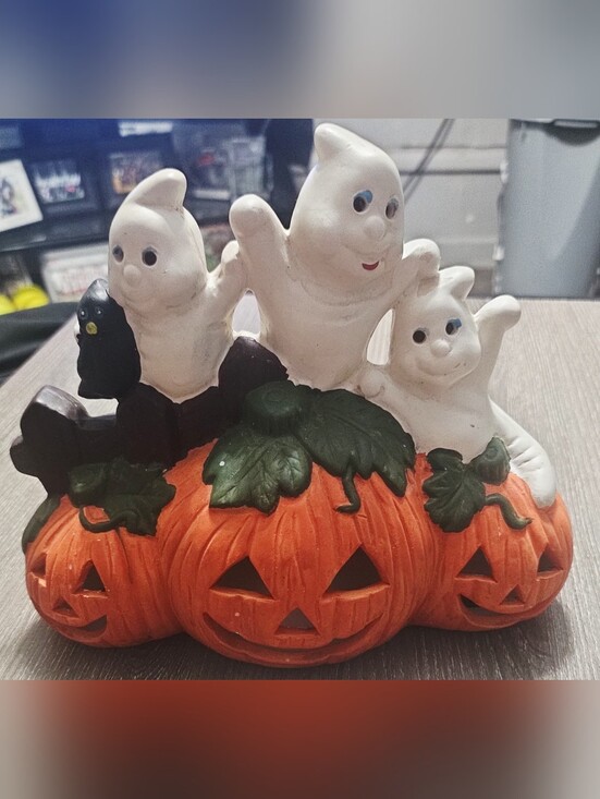 Halloween Other - Vintage Halloween Ceramic Figure 3 Ghosts and a Crow on Jack O Lanterns